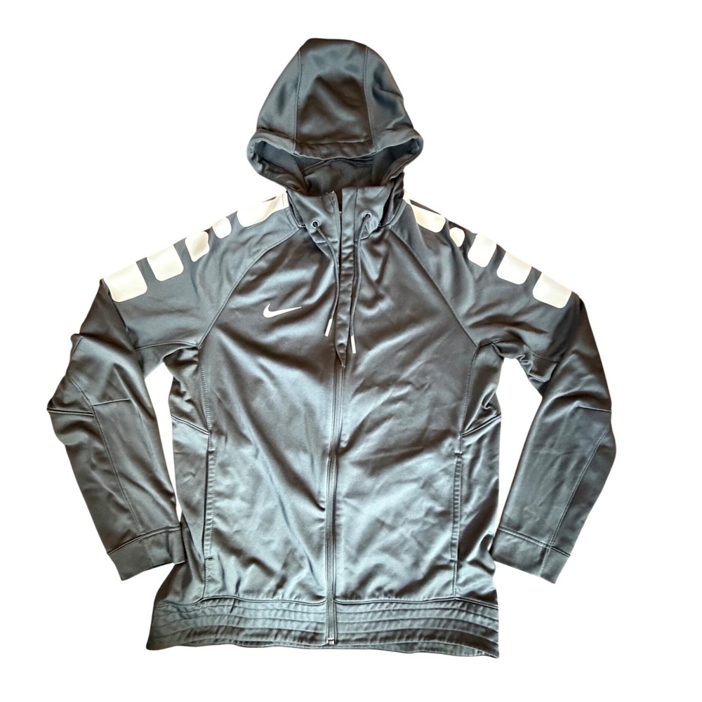 Nike Therma-FIT Mens Full Zip Hoodie Jacket Grey White Shoulder Stripe Large